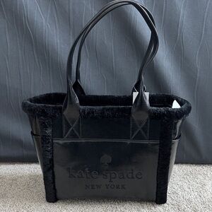 Kate Spade New York logo Black Faux Fur shearling Trim large Tote travel purse